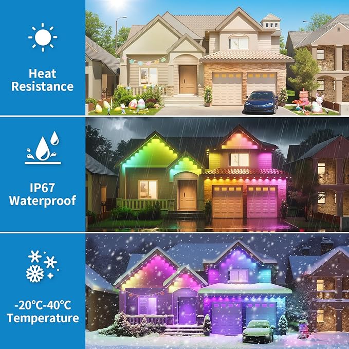 mw Permanent Outdoor Lights for House, 50ft RGB+IC Smart Outdoor Decor, 50 Scene Modes, App/Remote Control, IP68 Waterproof, House Eave Lights for Halloween, Christmas, Party Decor