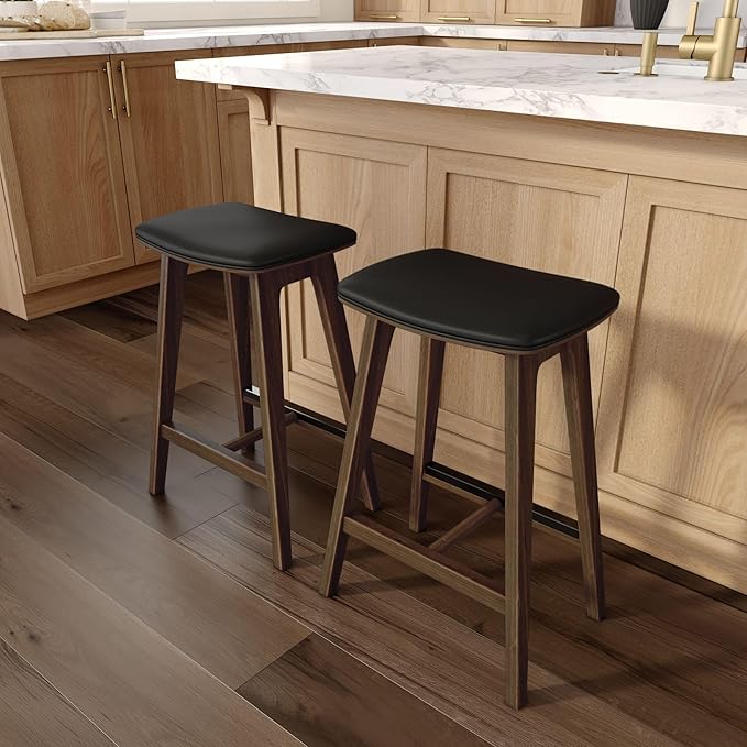 Plank+Beam Beryl Counter Height Stool - Mid-Century Modern Rubberwood Bar Stool with Faux Leather Seat, Metal Footrest, Easy Assembly, 4-Pack, Walnut/Black