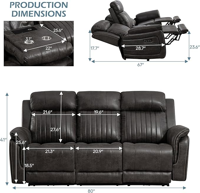 Zero Gravity Power Reclining Sofa with Adjustable Headrest, Electric Reclining Couch with Wireless Charge, USB Ports, Power 3-Seater Recliner Sofa with Drop Down Table, Outlet (Charcoal Brown)