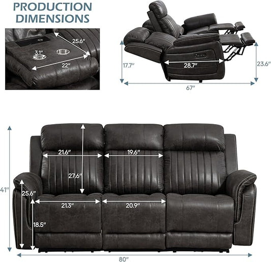 Zero Gravity Power Reclining Sofa with Adjustable Headrest, Electric Reclining Couch with Wireless Charge, USB Ports, Power 3-Seater Recliner Sofa with Drop Down Table, Outlet (Charcoal Brown)