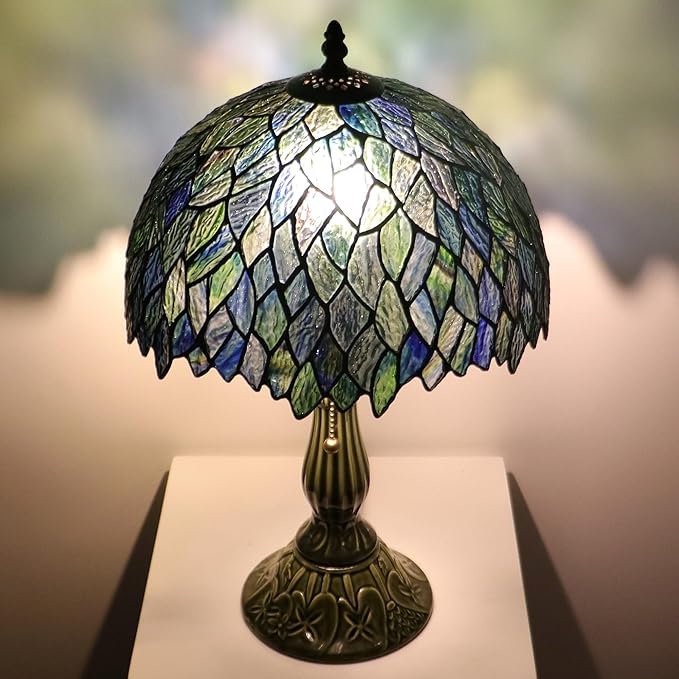 Tiffany Lamp Stained Glass Table Lamps Multicolor Leafage Style Desk Lamp 12X12X18.5 Inch Bronze Ceramic Base Reading Light Suitable for Bedside Bedroom Living Room Dining Room Office