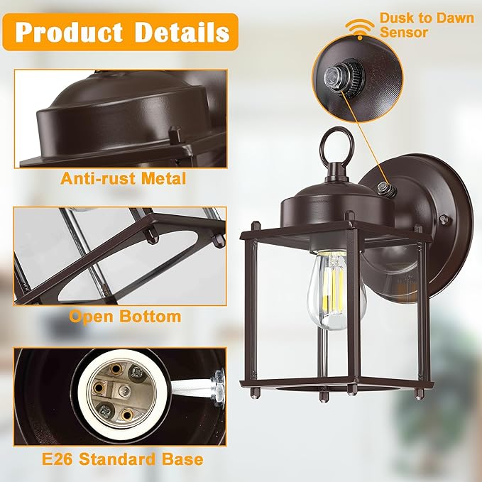 Dusk to Dawn Outdoor Wall Lantern, Exterior Waterproof Sconces Lighting Wall Mount, Front Porch Light, Anti-Rust Metal Outside Light Fixtures with Clear Glass, Matte Bronze, 2-Pack