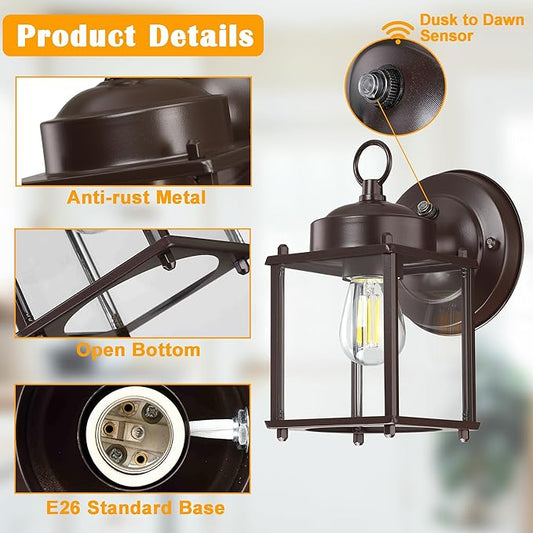 Dusk to Dawn Outdoor Wall Lantern, Exterior Waterproof Sconces Lighting Wall Mount, Front Porch Light, Anti-Rust Metal Outside Light Fixtures with Clear Glass, Matte Bronze, 2-Pack