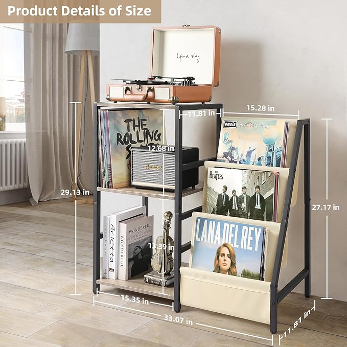 Bikoney Record Player Stand, Turntable Stand with 3-Tier Vinyl Record Storage, Record Player Table Up to 200 Albums, End Table for Records, Vinyl Record Holder Cabinet for Living Room White