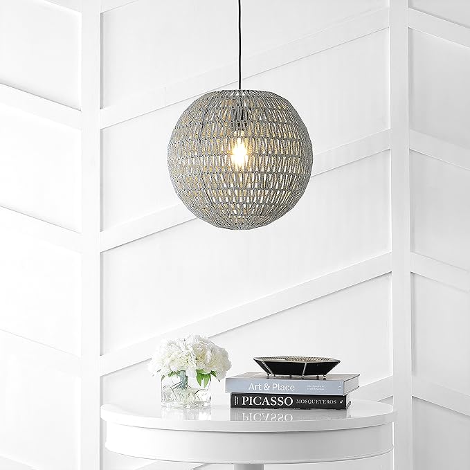 JONATHAN Y 16" Grey/Black Modern Bohemian Woven LED Pendant Light, Adjustable Hanging Ceiling Lamp for Kitchen Island Dining Room, Paper Wicker Shade, Bulb Included (JYL6503D)