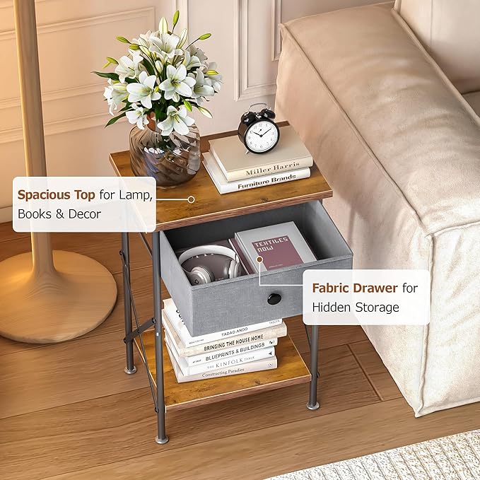 VECELO Night Stand, Small End Table for Small Spaces, Wood Side Table for Living Room, Bedside Table with Drawer for Bedroom, Easy Assembly, Rustic Brown