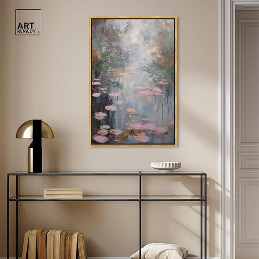 Art Remedy Pink Impressionisty Lilypads Framed Impressionism 1 Piece Canvas Wall Art/Monet And Van Gogh Inspired Art, 25.5" x 37.5", Gold Frame