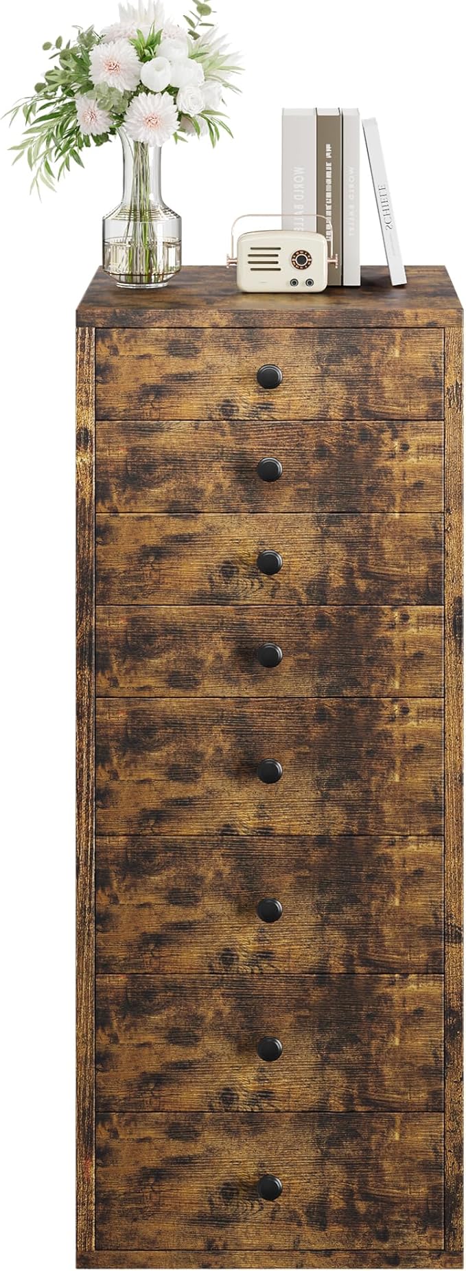 LIKIMIO Tall Dresser, Small Dressers with 8 Storage Drawers, Chest of Drawers for Organizing, Tall Narrow Dresser for Bedroom, Industrial Brown