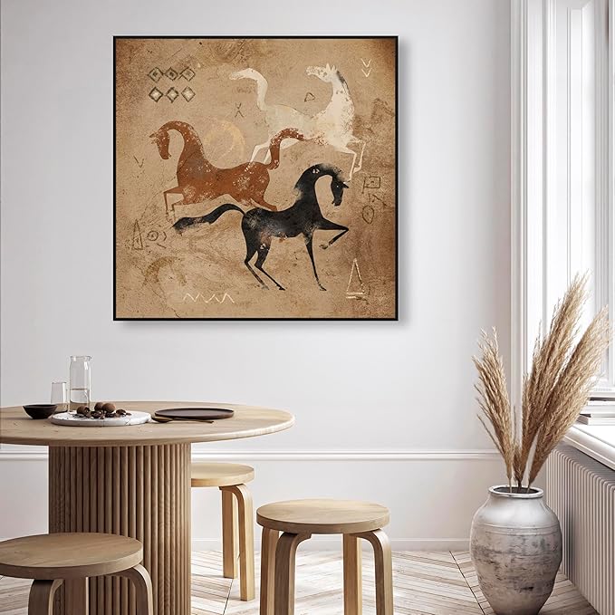 Oliver Gal Artist Co. Abstract, Canvas Wall Art, "Primitive cave horse drawing" Ready to Hang Living Room, Bedroom and Bathroom Home Décor, 40.0 x 40.0, White, Framed Canvas Art