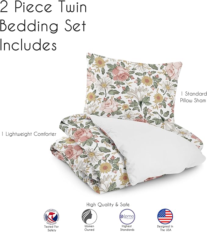 Sweet Jojo Designs 2-Piece Twin Comforter Set (Vintage Floral Boho) for Girls, Teen, Kids Bedding, Bed in a Bag incl. Blanket & Pillow Sham (Shabby Chic, Rose Flower, Farmhouse, Bohemian Pink, Yellow)