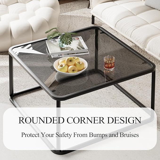 Coffee Table Glass, Minimalist Square Tables for Living Room, Modern Center Table for Office or Small Space, Sturdy Metal Frame, Easy Assembly, 26.4 x 26.4 x 15.7 Inches, Black & Grey Glass