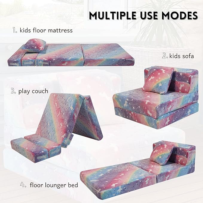 MeMoreCool Glow Rainbow Unicorn Tri-fold Sofa Bed for Kids, Foldable Futon Mattress, Chair, and Floor Couch for Playroom