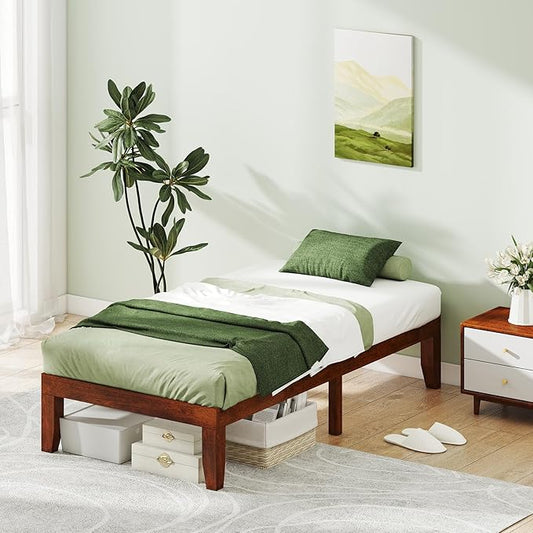KOMFOTT 14 Inches Wood Platform Bed Frame Twin Size, Wooden Mattress Foundation with Rubber Wood Frame, Strong Wooden Slat Support, No Box Spring Needed, Bed Frame (Brown Cherry)