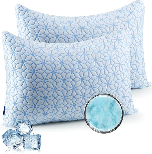 puredown® Pillows Queen Size Set of 2, Cooling Pillow Queen Size 2 Pack, Adjustable Shredded Memory Foam Pillows for Side Back Stomach Hot Sleepers, Ice Blue