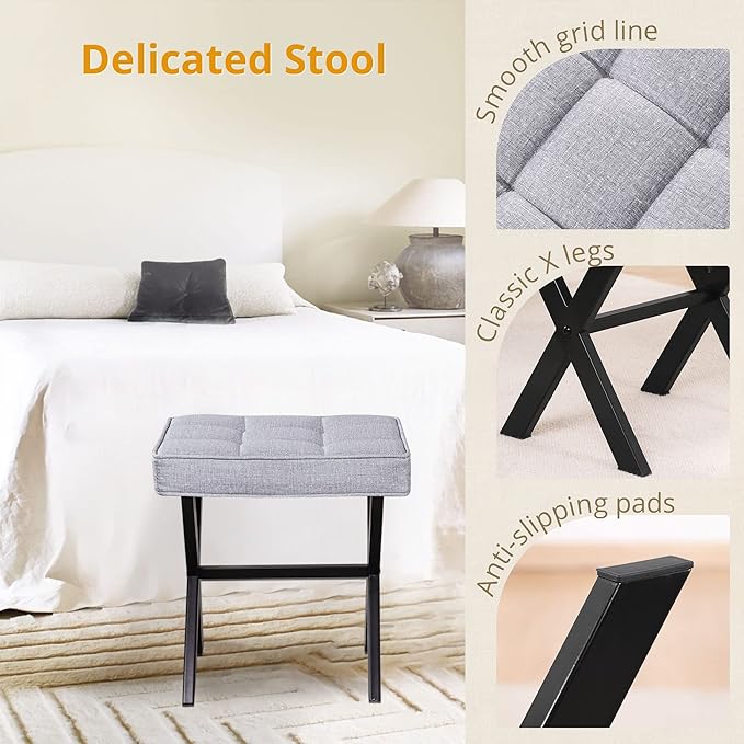 LUE BONA Vanity Stool - Square Linen Makeup Seat With Metal X Legs, Small Ottoman Chair for Makeup Room, Living Room, Bathroom - Modern Padded Foot Rest, Dark Gray