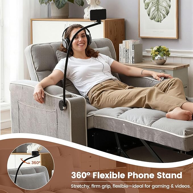 Sleeper Chair, Convertible Pull Out Chair Sleeper with Bracket and Cup Holder, Chairs Bed Sleepers for Adults, 3 in 1 Sofa Bed Chairs for Small Spaces, Living Room, Light Gray