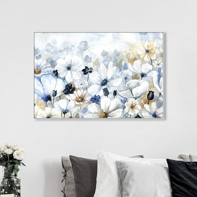 The Oliver Gal Artist Co. Floral and Botanical Wall Art Framed Canvas Prints 'Fields Flowers Home Décor, 54" x 36", Blue, White