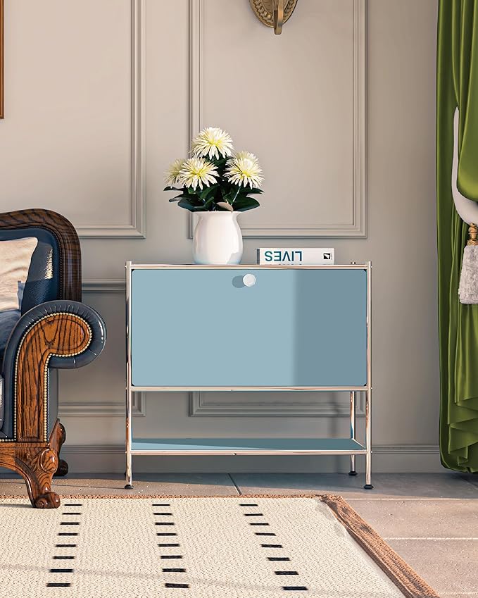 Metal Sidetable with Flap Door, 27.5" Height - DIY Modern Furnishing for Home, Office, Foyer, Bedroom - Night Stand, Book Shelf, Bookshelf, Cube Storage Organizer, Bedside Table (Blue)