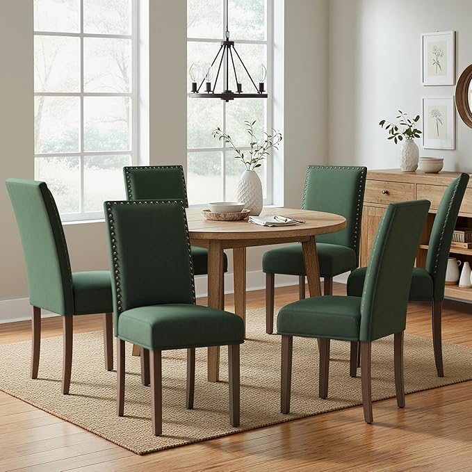 COLAMY Green Velvet Dining Chairs Set of 6 – Upholstered Kitchen & Dining Room Chairs with Nailhead Trim, Soft High-Density Cushion and Solid Wood Legs for Dining Room, Kitchen, Living Room