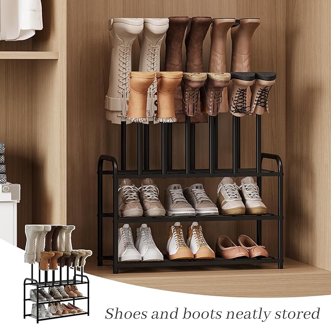 Shoe Rack - 3-Tier Metal Boot Rack Organizer for Entryway, Closet & Garage, Free Standing Shoe Shelf for Storage Tall Boots, Sneakers, Cowboy Boots, Black (Medium - 6 Pairs)