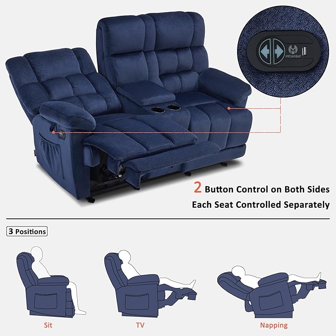 MCombo Zero Gravity Power Loveseat Recliner with Console, Heat and Vibration Massage, Reclining Loveseat Sofa with USB Ports, Cup Holders for Living Room, Fabric RS6234 (Navy Blue)