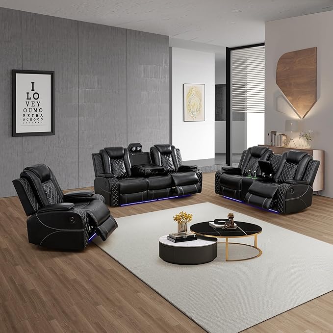 Leather Power Recliner Sofa Set with LED Light，Living Room Furniture Set, Leather Reclining Sofa Set with USB Port Storage Armrest(Sofa+Loveseat+Chair, Black)