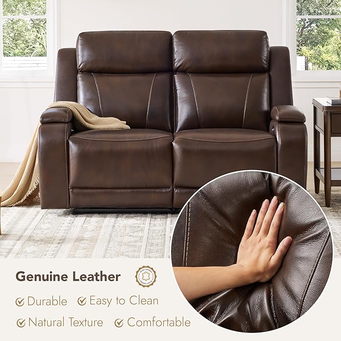 Watson & Whitely Genuine Leather Power Loveseat Recliner Sofa, Zero Gravity Reclining Loveseat with Power Headrest & Hidden Storage, Charging Ports, Dual Recliner Sofas for Living Room, Dark Brown
