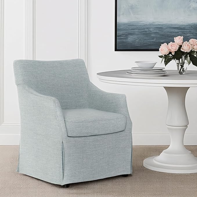 Martha Stewart London Upholstered Skirted Dining Arm Chair with Casters – Curved Back, Removable Seat Cushion, for Dining Room, Home Office, or Living Space, Light Blue