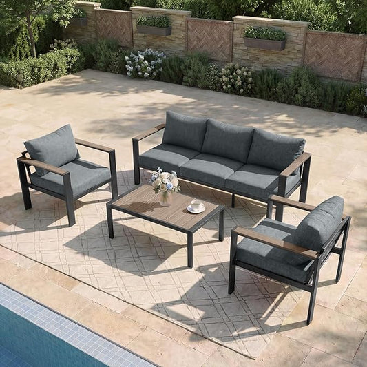 Outdoor Patio Furniture Set 5 Seats Luxury Aluminum Patio Conversation Set with Coffee Table, Washable Thick Cushions, Large Sectional Sofa for Porch, Balcony, Deck, Yard, Gray