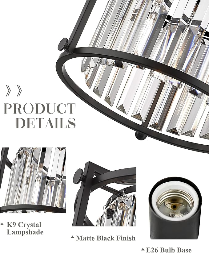 Crystal Flush Mount Ceiling Light, 1-Light Black Ceiling Light, Modern Flush Mount Chandelier for Bedroom Kitchen Laundry Entryway, CL4832-1W-BK