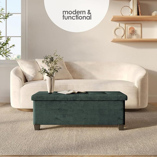 Storage Ottoman Bench with Bins, 43-in Storage Bench for Bedroom End of Bed, Folding Foot Rest Ottoman for Living Room Max 660lbs, Velvet Ottomans, Green