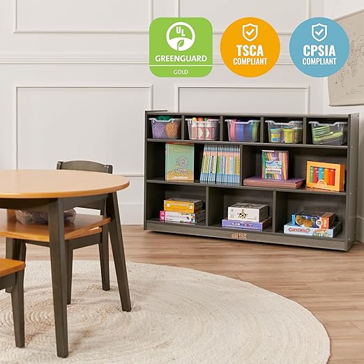 ECR4Kids 5+5 Cubby and Storage Mobile Tray Cabinet, Classroom Furniture, Grey Wash