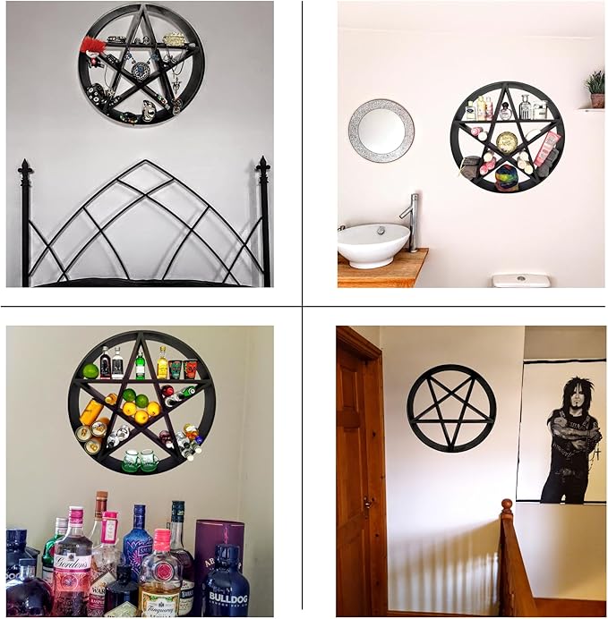 Pentagram Shelf - Star Crystal Shelf, Wooden Floating Shelf, Black - Wall Hanging Shelves for Room Aesthetics and Celestial Decor