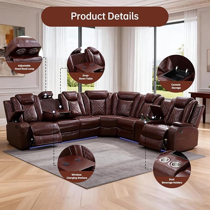 Power Reclining Sectional Sofa with Air Leather Upholstery, Electric Adjustable Recliner Couch, Quiet Motor Support, Home Theater Seating with Wireless Power, Cup Holders, Storage for Living Room