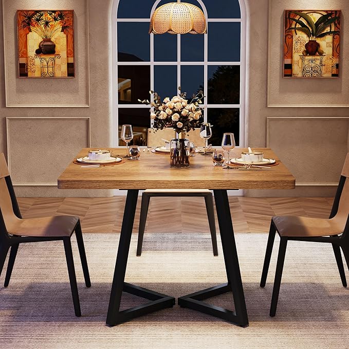 Tribesigns Square Dining Table, 31.5" Modern Dinner Table with Metal Base, Kitchen Table for Dining Room, Small Space, Apartment, Natural & Black (4pcs)