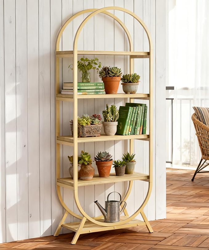 Arched Bookshelf,5-Tier Tall Wide Open Bookshelf,Modern Brown Storage Bookshelves, Freestanding Display Rack Shelving Unit for Office, Bedroom, Living Room, Easy Assembly, Brown