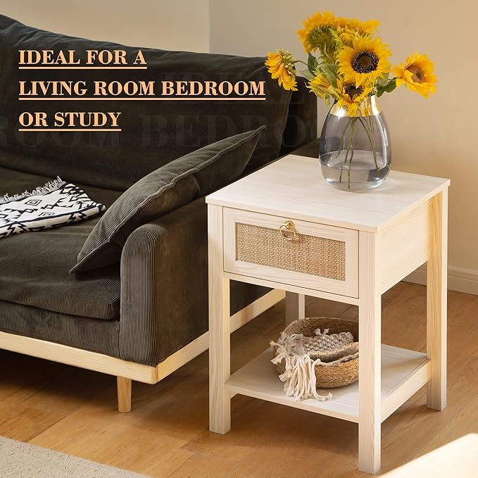 SICOTAS White Nightstand Set of 2,Rattan Decor Drawer with Brass Knobs Night Stand Bedside Table Boho End Tables Side Tables with Storage Shelf for Bedroom,Small Space