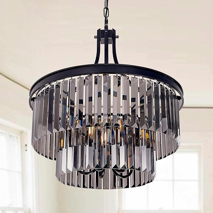 Wellmet Black Crystal Chandeliers, 5 Light Farmhouse Chandeliers for Dining Room, Hanging Light Fixture with Grey Crystal, 2 Tiers Ceiling Lights for Living Room, Kitchen, Bedroom, Entryway, 19.68''D