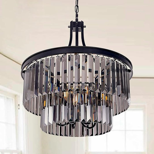 Wellmet Black Crystal Chandeliers, 5 Light Farmhouse Chandeliers for Dining Room, Hanging Light Fixture with Grey Crystal, 2 Tiers Ceiling Lights for Living Room, Kitchen, Bedroom, Entryway, 19.68''D