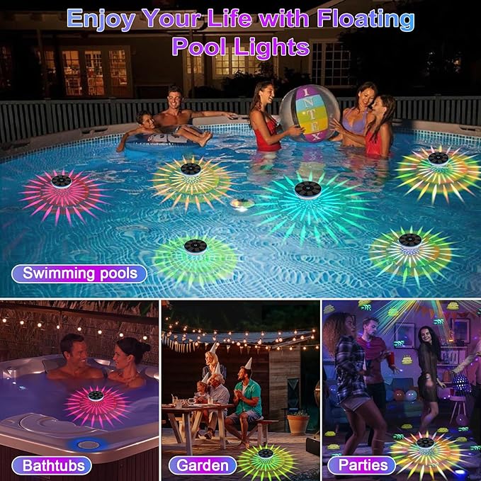 RGB Solar Floating Pool Lights, Smart Auto ON/Off Pool Light with 6 Lighting Modes, IPX8 Waterproof LED Color Changing Lights for Inground Pool, Bathtub, Garden, Party Decoration, 1 Pack