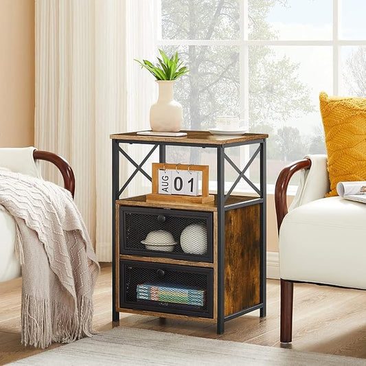 VECELO Nightstand Set of 1, End Table with Flip Drawer, Modern Night Stand for Bedroom,Living Room, Office, Easy Assembly, Vintage Brown