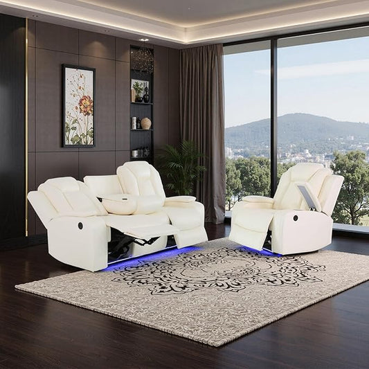 Power Leather Recliner Sofa Set with LED Light,Reclining Sofa and Chair Set with Coffee Table/USB Charger/Storage,Leather Couch for Living Room Furniture Sets(3+1 Seats,Creamy)