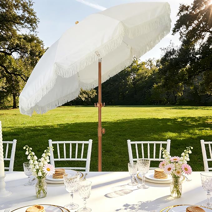 HOMEDEMO Boho Patio Umbrella with Fringe, Outdoor Tassel Umbrella with UPF50+ Sun Protection and Push Button Tilt, Premium Aluminum Pole & Fiberglass Ribs, Includes Hanging Hook