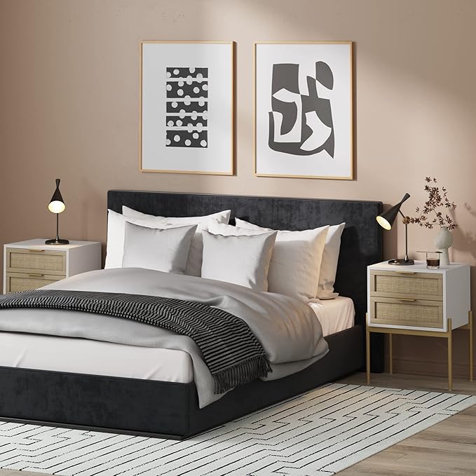 Andrew End, Bedside or Side Table in Matte White Finish with Two Natural Rattan Drawers Doors for Storage and Brass Gold Accents for Living Room or Bedroom, White/Cane/Gold, Set of 2