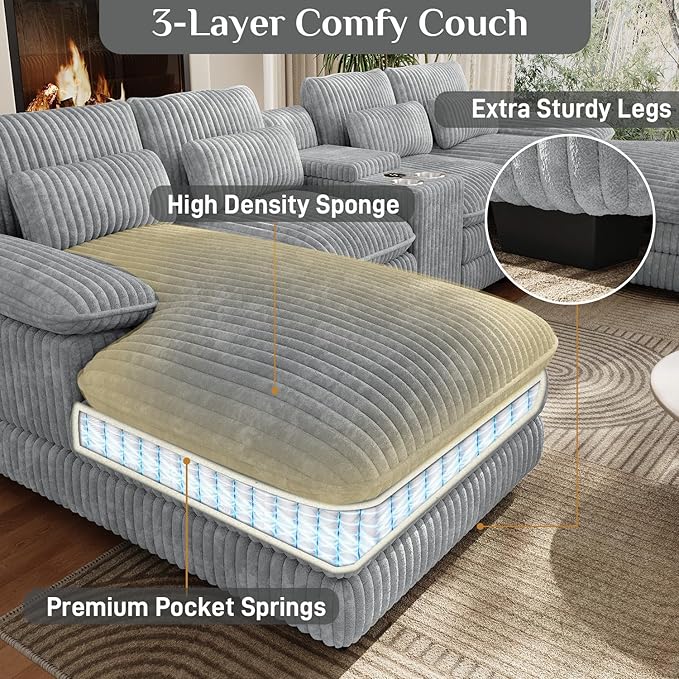 133" Oversized U Shaped Cloud Couch Modular Sectional Couches for Living Room Comfy Corduroy Deep Seat Sofa Set with Double Chaise Lounge, Storage Central Console, Cup Holders, USB Port, Grey