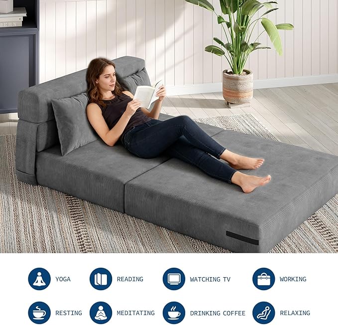 Garvee 4-in-1 Folding Sofa Bed & Chair Bed - Convertible Sleeper, Fold Out Loveseat Sofa Couch with Pillow, Tufted Floor Lounge for Living Room, Bedroom, Guest Room, Dark Grey