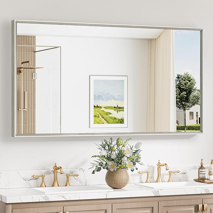 Keonjinn 55 x 30 Inch Brushed Nickel Bathroom Mirrors for Over Sink, Beveled Rectangle Framed Mirrors for Wall, Farmhouse Bathroom Vanity Mirror, Tempered Glass, Square Corner