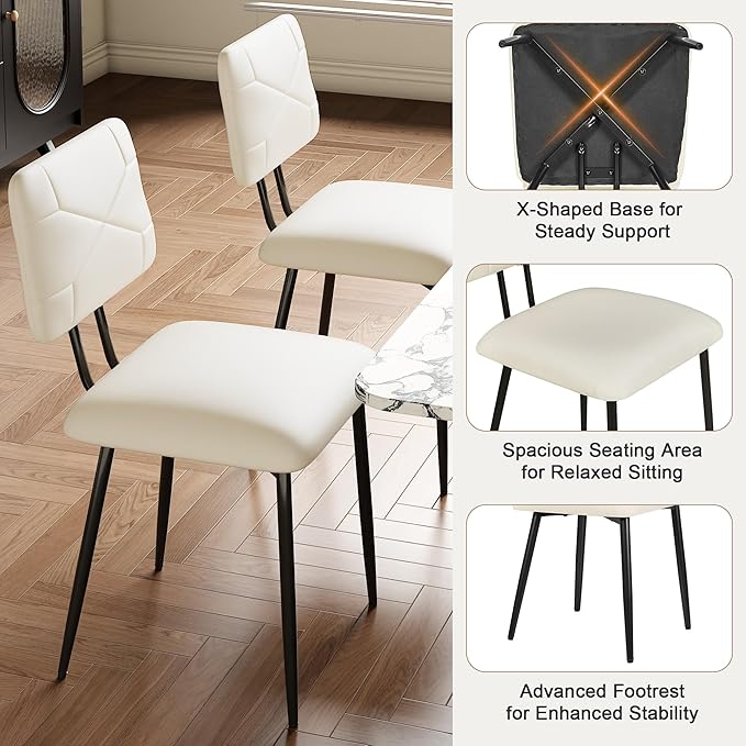VECELO Dining Chairs Set of 2, Modern Upholstered Kitchen Chairs with Faux Leather Cushion Seat & Metal Legs for Kitchen, Living Room, Tufted Backrest Design, Beige