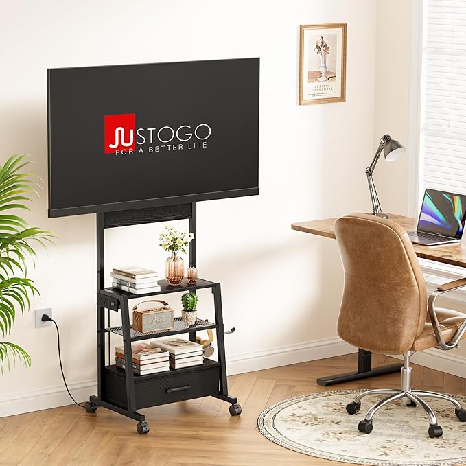 Rolling TV Stand with Wheels and Mount - Small Corner TV Stand with Power Outlet for 32-55 inch TV, Entertainment Center with Fabric Drawer Storage for Living Room Bedroom, Black