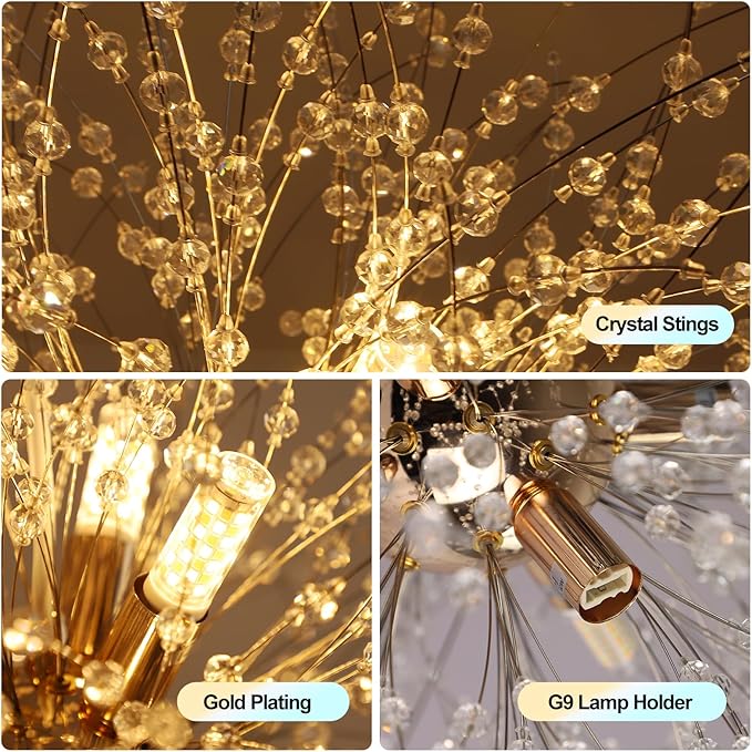 Depuley Gold Dandelion Light Fixtures, 12-Light Crystal Chandelier Lights Sparkle Pendant Light, Firework Starburst Chandelier Design for Living Room, Bedroom, Stairs, Hallway, G9 Bulb Not Included
